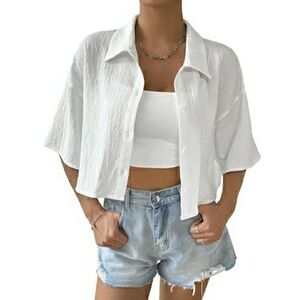 Oversized Button Down Short Sleeve Shirt Textured Collared Crop Top White
